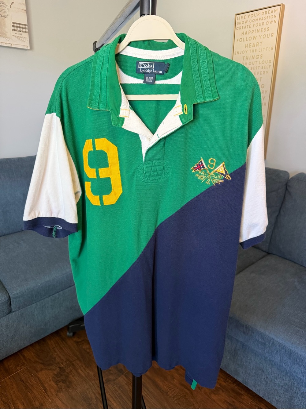 Ralph Lauren Green, Navy & White Rugby Polo with Yellow Crest